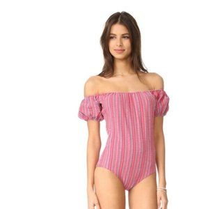 LISA MARIE FERNANDEZ 'Leandra' Seersucker Off-the-Shoulder Bathing Suit